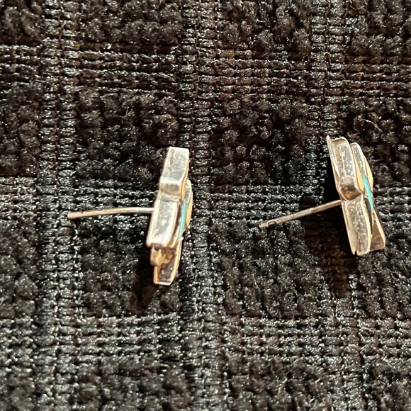 Vintage Zuni Silver Inlay Turquoise/Onyx/Mother of Pearl Butterfly Earrings - Picture 6 of 6